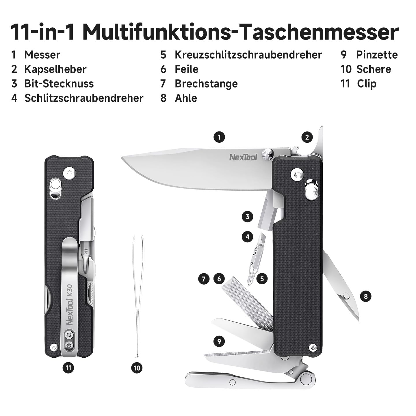 NexTool Knight K30 Couteau de Poche Pliant 11 en 1 à Verrouillage par Axe, Outil Multifonctions EDC avec Lame en Acier, Manche G10, Ciseaux Moletés, Jeu de 10 embouts de tournevis de 4 mm pour Camping