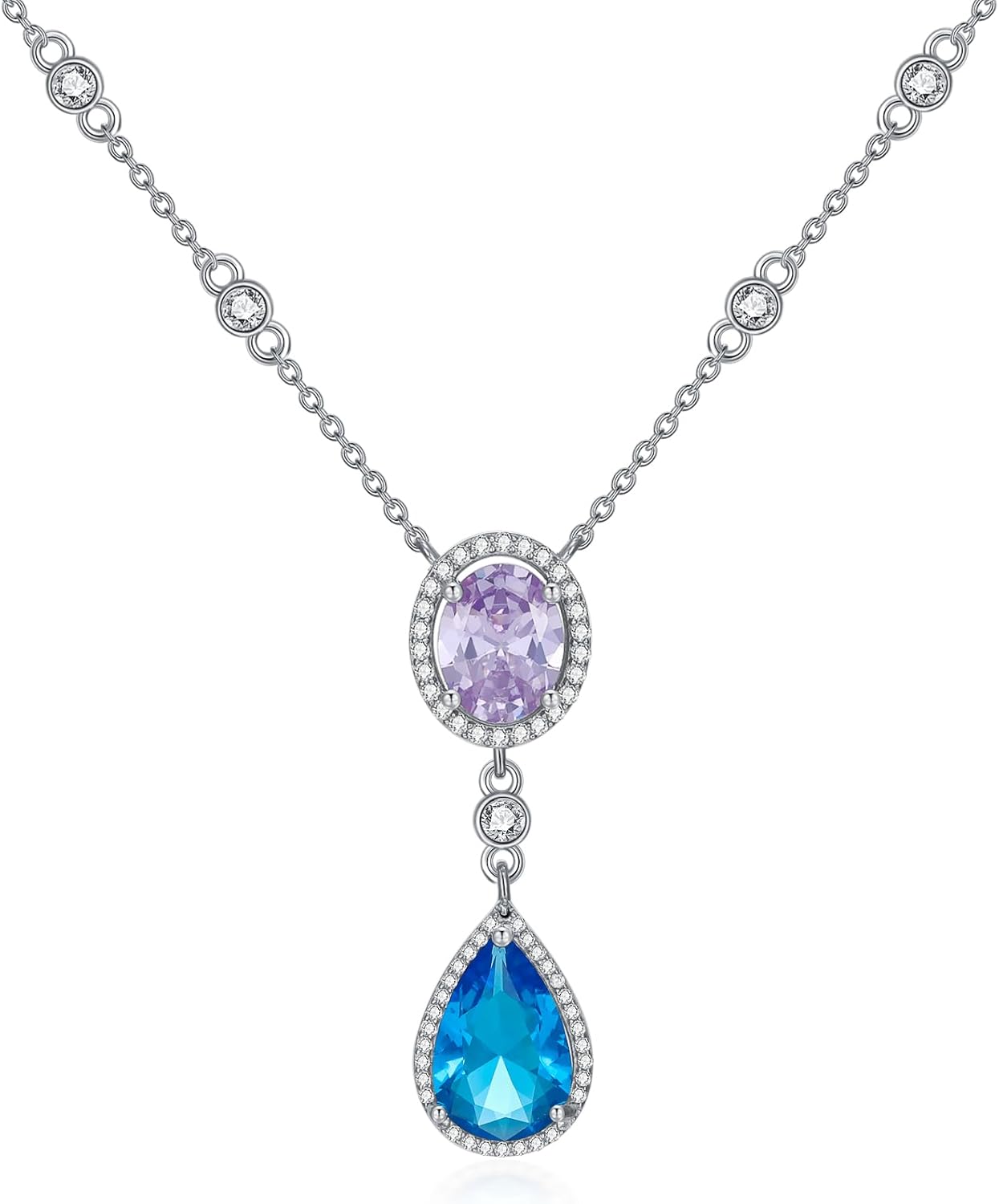 925 Sterling Silver Aquamarine Amethyst Ruby Pendant Necklace for Women Birthstone Emerald/Pear Cut Gemstone Birthstone Necklace Birthday Gift for Wife Daughter Mom (Silver Chain 18+2 Inch)