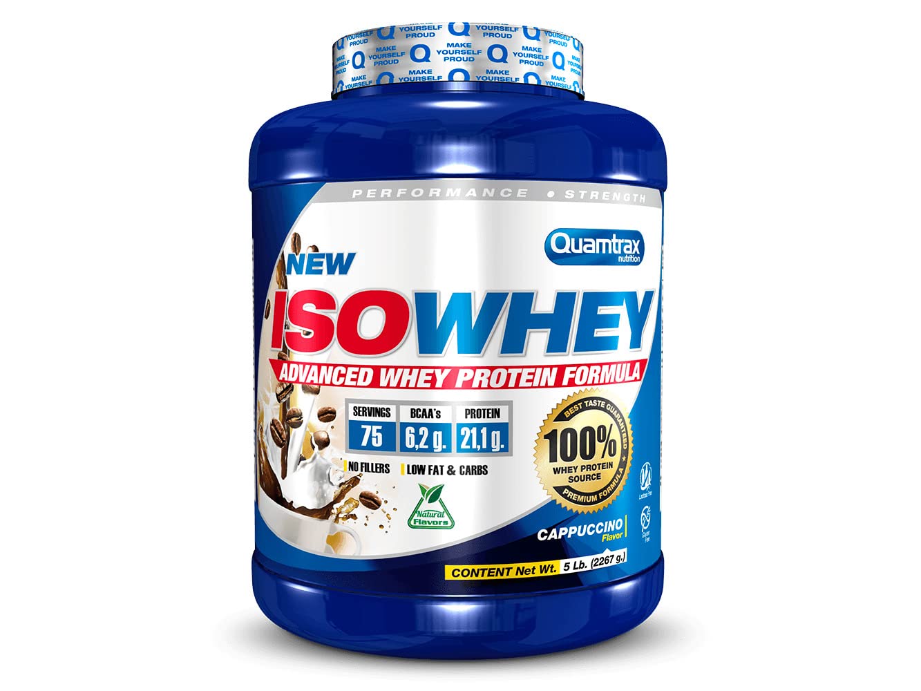 Quamtrax Nutrition - Iso Whey (Proteína de Suero de Leche Aislada) - 5 lb - Sabor Cappuccino - Alto contenido proteico, rápida absorción y bajo en grasas