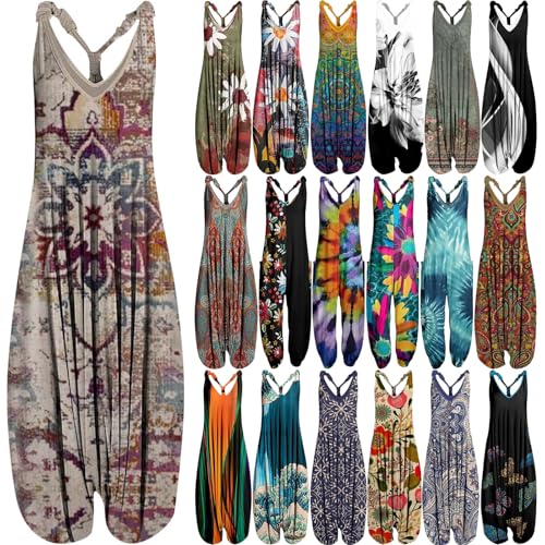OIOLOYJM Summer Plus Size Boho Overalls for Women 2025 Fashion Jumpsuits Loose Fit Rompers Floral Printed Baggy Harem Pants