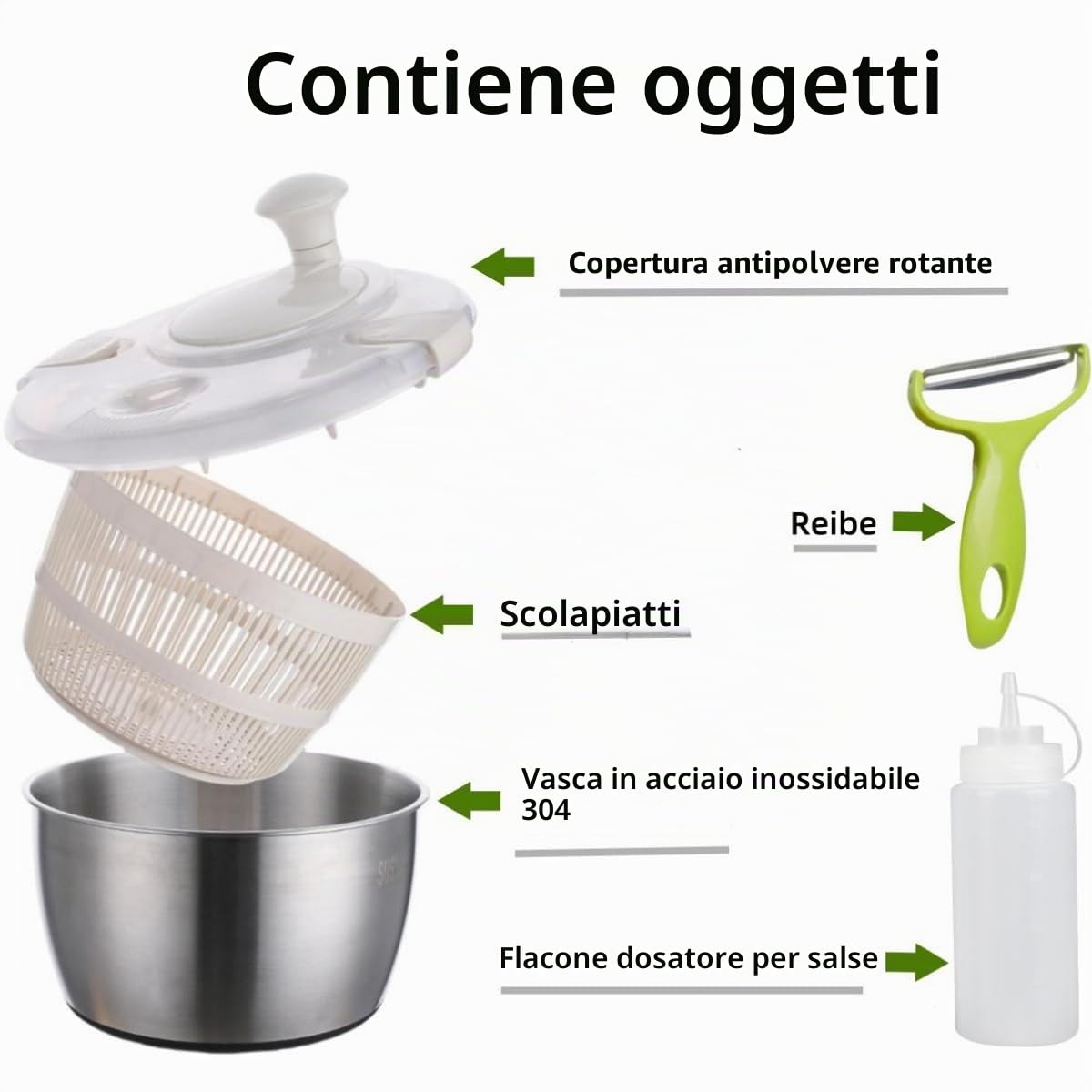 Centrifuga per insalata XXL, in acciaio inox, 5 l, con pelapatate e bottiglia da spremere, lavabile in lavastoviglie, ideale per lavare e asciugare insalata