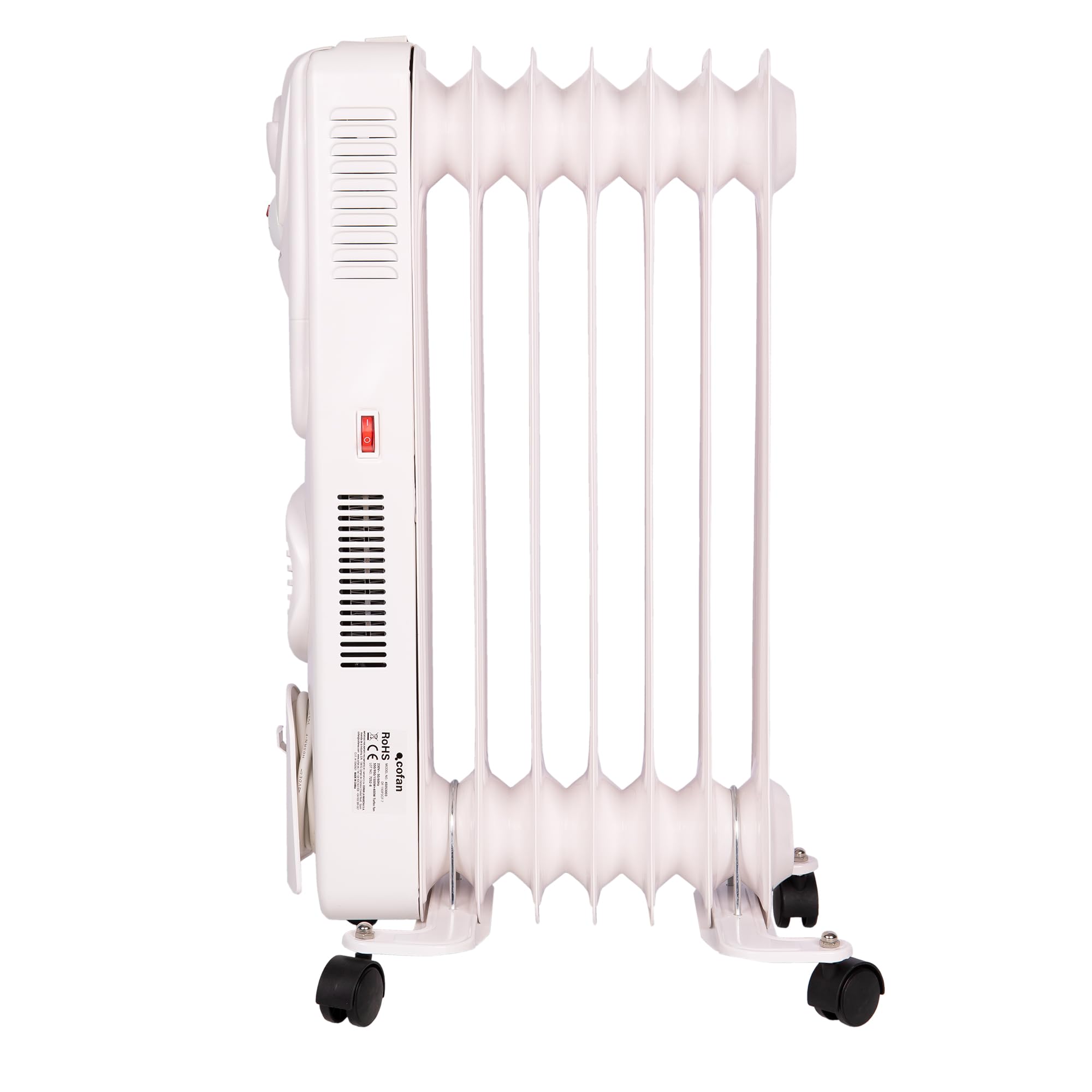 Cofan Radiador de aceite de 1500 W | 7 elementos | 3 niveles de potencia | Con termostato y ventilador | Protección antivuelco | 37 x 24 x 65 cm
