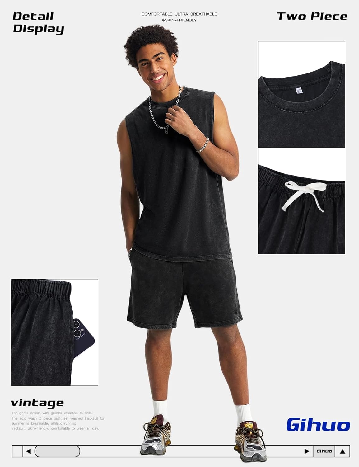 Gihuo Mens 2 Piece Outfits Vintage Wash Sleeveless Tank Tops and Shorts Set Casual Summer Tracksuit - Image 3