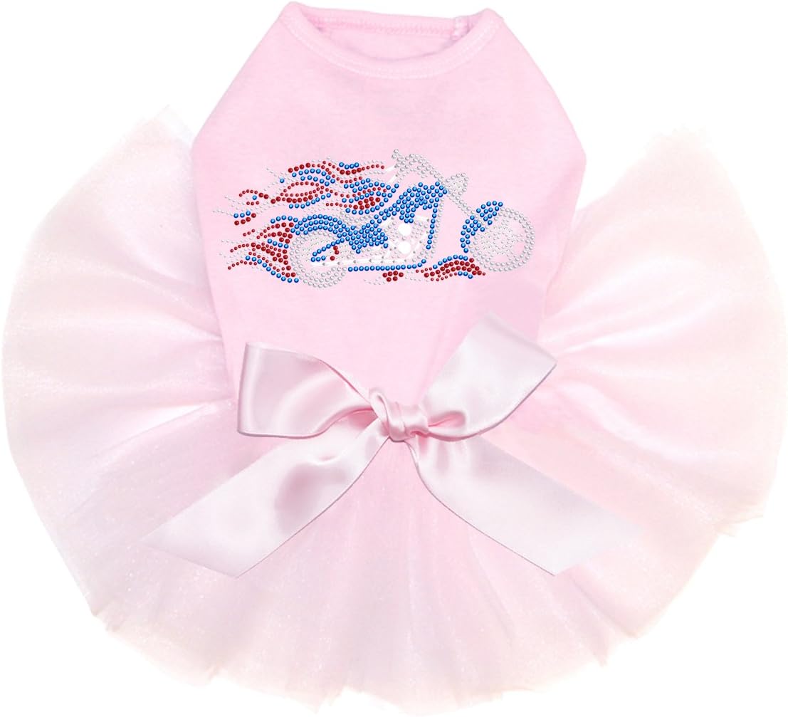 Motorcycle - Large Red, White, & Blue with Flames - Bling Rhinestone Patriotic Dog Tutu Dress, 4XL Pink