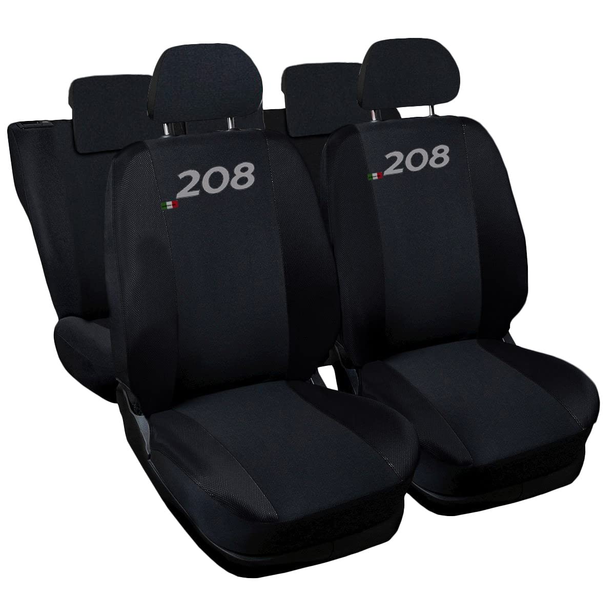 Rebeca Shop® Copri-sedili Auto Compatibili per 208 | Made In Italy | Set Coprisedili Anteriori e Posteriori | Logo Ricamato | Airbag Compatibile | Interni (Nero/Nero)