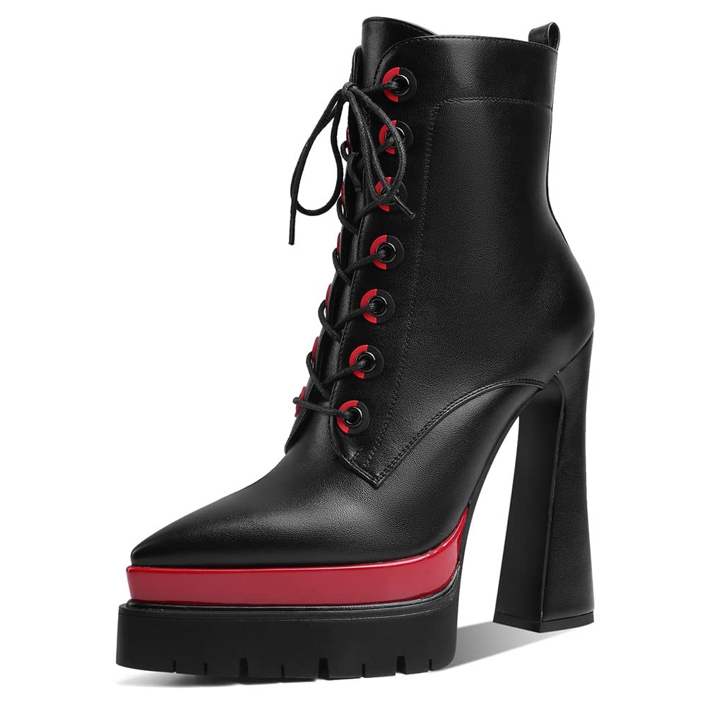 SaraIris Platform Boots for Women Ankle Boots Chunky Block High Heel Lace Up Pointed Toe Black Heeled Boots Fashion Sexy Boots Booties, Black-matte, 9