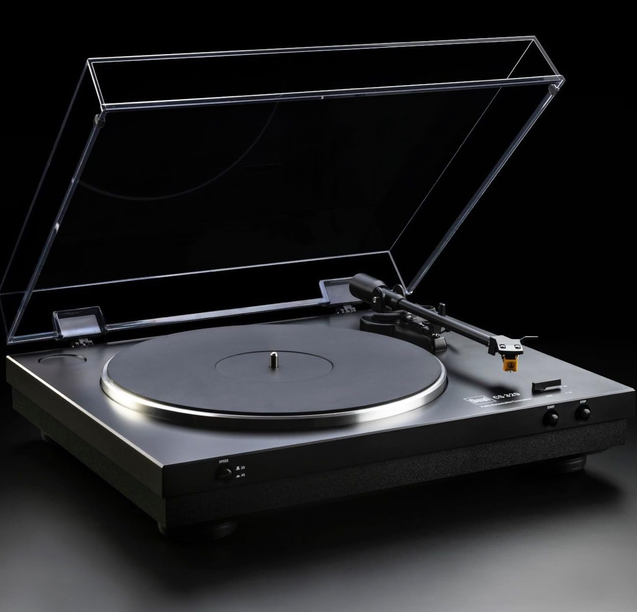Dual CS 329 - Schwarz, Aluminium & Gummi Schallplattenspieler mit Gummiantrieb und RCA (Phono) Anschluss, Vollautomatischer Betrieb, Plug Play, Kunststoffgehäuse, Schwarz