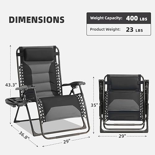 Miniatura 3 de Juego de 2 Sillas Zero Gravity de Gran Tamaño Acolchadas Reclinables con Reposacabezas Ajustable y Portavasos - Silla de Salón Plegable Oxford 600D