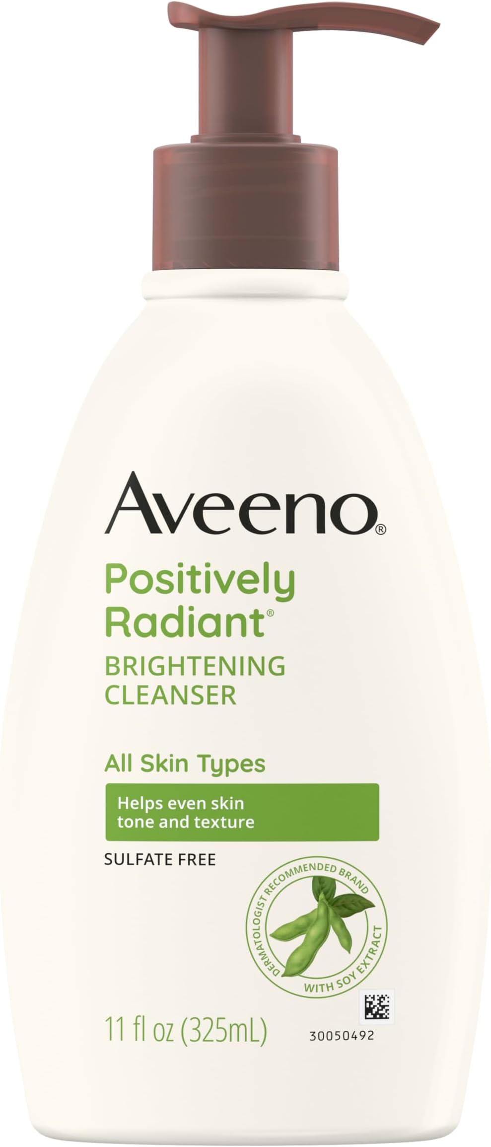 Aveeno Positively Radiant Brightening Facial Cleanser with Moisture Rich Soy Extract, Helps Even Skin Tone & Texture While Gently Lifting Away Dirt, Oil & Makeup, Sulfate-Free, 11 fl. oz