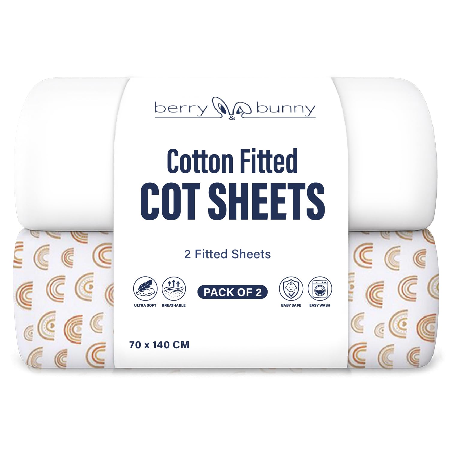 Berry and Bunny 100% Cotton Cot Bed Sheets Pack of 2, Soft Breathable Elasticated Baby Cot Fitted Sheets 140 x 70cm, Deep Fit Mattress Protector Cover, Toddler Bedding All Seasons — image 1