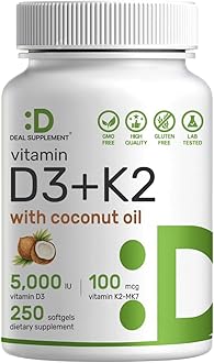 DEAL SUPPLEMENT Vitamin D3 5,000 IU + K2 MK7 100mcg Softgels | 2-in-1 Complex with Virgin Coconut Oil | Supports Heart, Bone, Teeth & Immune Health | Easy to Swallow