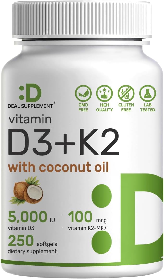 DEAL SUPPLEMENT Vitamin D3 5,000 IU + K2 MK7 100mcg Softgels | 2-in-1 Complex with Virgin Coconut Oil | Supports Heart, Bone, Teeth & Immune Health | Easy to Swallow