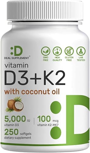 DEAL SUPPLEMENT Vitamina D3 5,000 UI + K2 MK7 100mcg cápsulas blandas | Complejo 2 en 1 con aceite de coco virgen | Apoya la salud del corazón, los