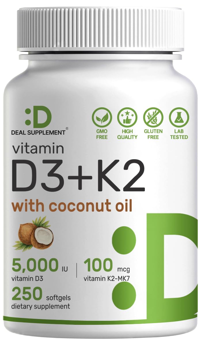 DEAL SUPPLEMENT Vitamin D3 5,000 IU + K2 MK7 100mcg Softgels | 2-in-1 Complex with Virgin Coconut Oil | Supports Heart, Bone, Teeth & Immune Health | Easy to SwallowDEAL SUPPLEMENT Vitamin D3 5,000 IU + K2 MK7 100…