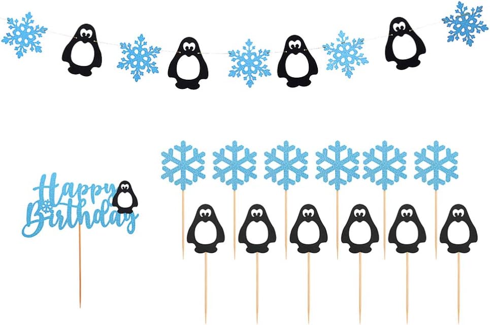 Amosfun 14Pcs Snowflake Birthday Party Decorations with Penguin Snowflake Banner Cake Topper Toothpicks for Christmas Winter Birthday Party Supplies Decoration