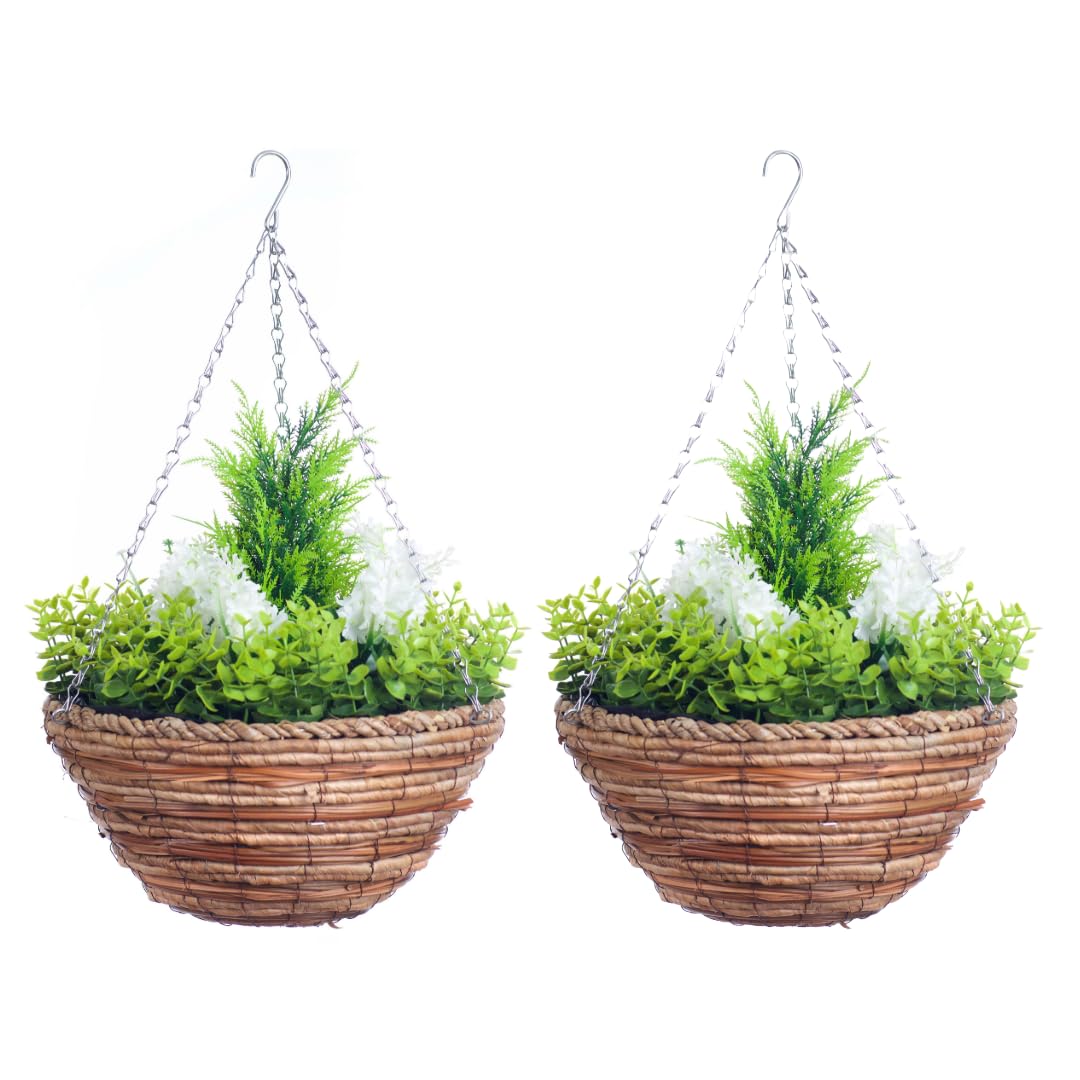 Paniers suspendus ronds gain de place en jacinthe d'eau blanche pour balcons et pergolas
