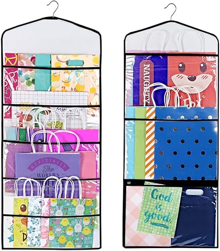 Miniatura 23 de ProPik Organizador de almacenamiento de bolsas de regalo de doble cara con múltiples bolsillos delanteros y traseros, organiza tu papel de regalo