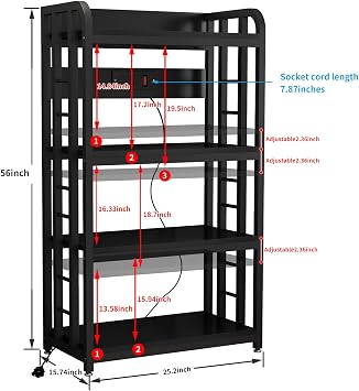 Bakers Rack with Power Outlet ,Microwave Stand 4-Tier Kitchen Baker's Rack, Free Standing Baker's Rack Kitchen Stands with Storage Suitable for Kitchen, Living Room, Dinning Room,Coffee Bar (Black)