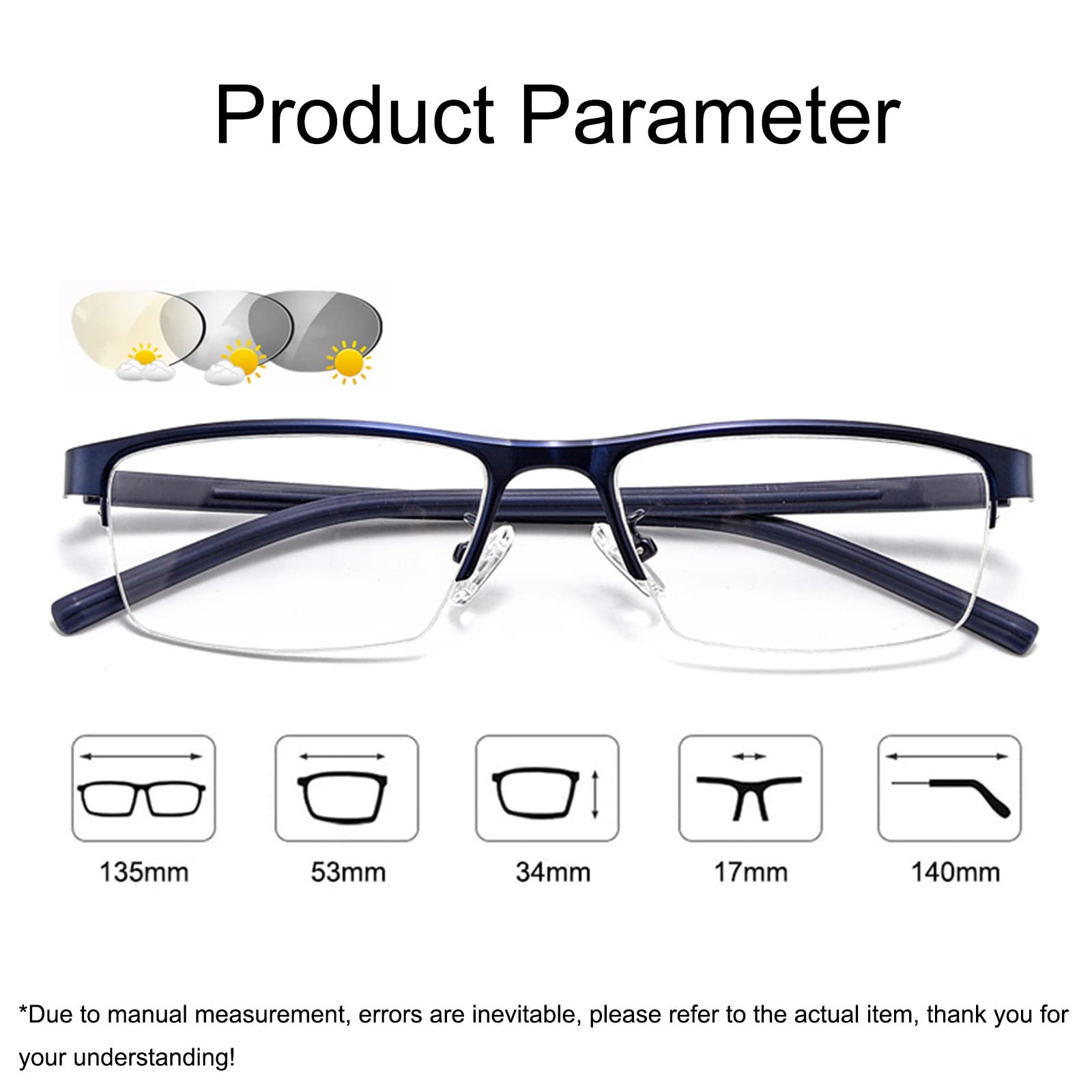Męskie okulary do czytania z metalową ramką Photochromic Transition UV400 Okulary przeciwsłoneczne HD Soczewki z żywicy Okulary w podeszłym wieku + 1.0 do + 3.0, Blue-+2.75
