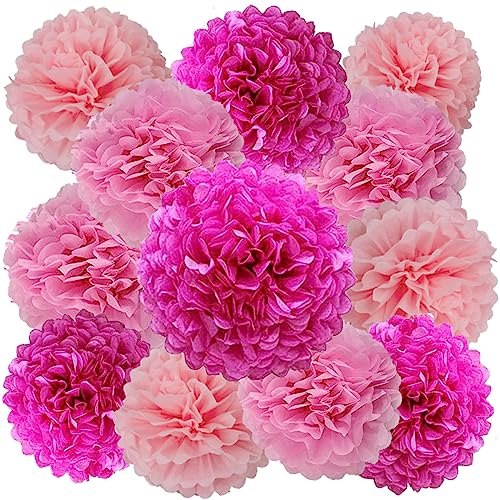 Image of We Moment Hot Pink and Light Pink Paper Pom Poms for Wedding Birthday Party Decoration - Ceiling Wall Hanging Tissue Flowers - 12pcs, 3 Colors of 12 Inch, 10 Inch