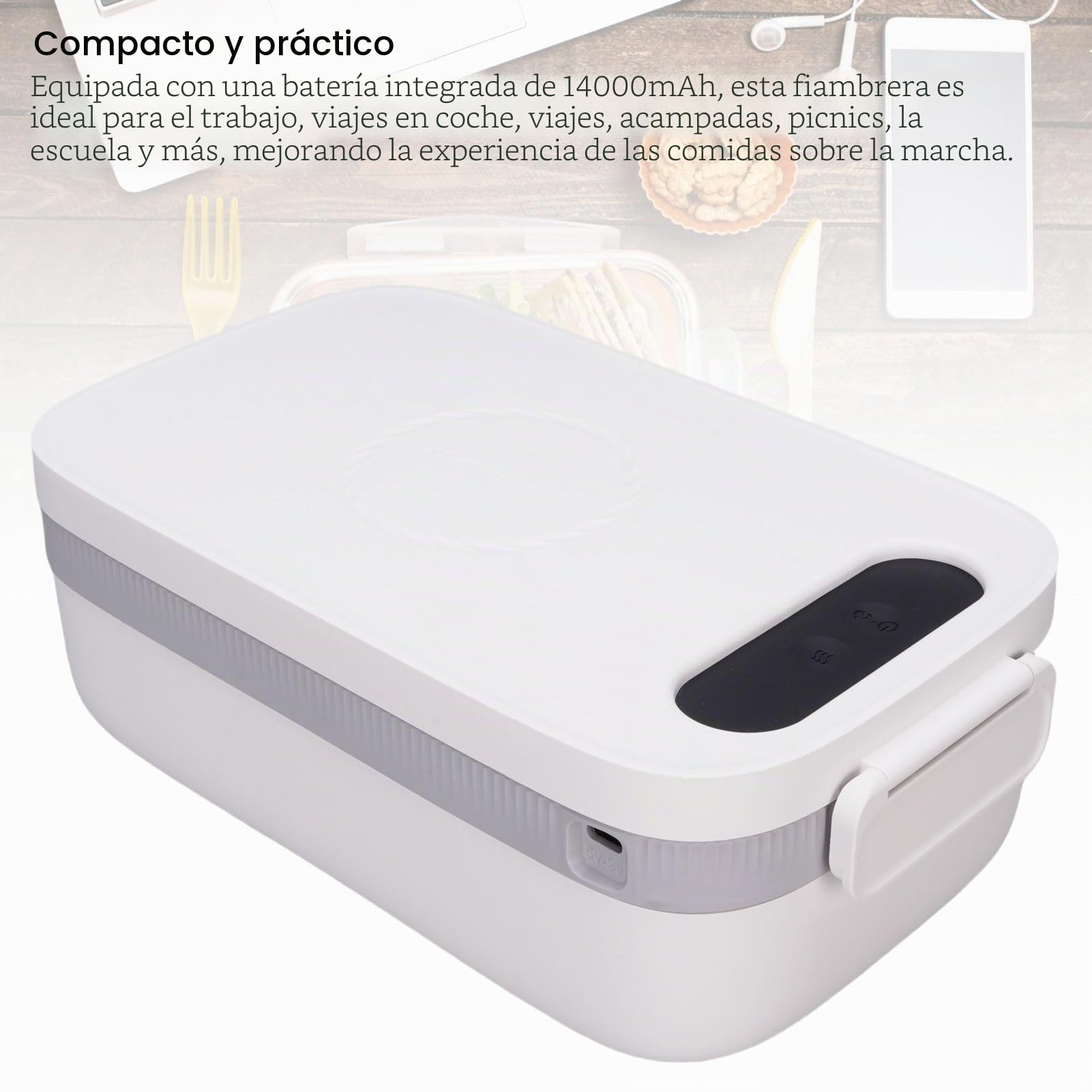 Topiky Lonchera Eléctrica Inalámbrica, Batería de Lonchera Auto Calefacción Alimentada con Calefacción Automática, con Recargable para Hombres, Calentador de Alimentos Portátiles para el Trabajo del