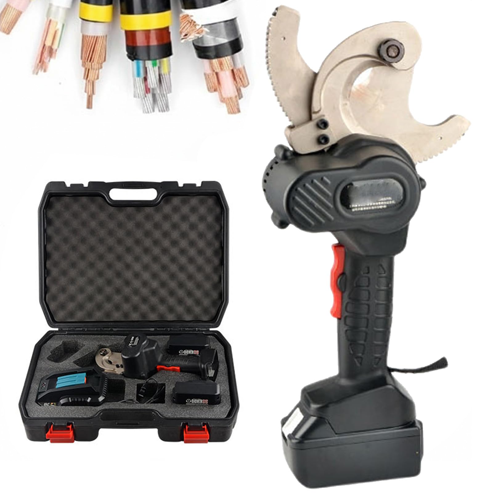 Cortacables Eléctrico Con Carraca, 18V Herramienta Hidráulica Inalámbrica Con 2 Baterías, Capacidad 50/65/75mm Cables Cobre Aluminio Armados, Para Trabajos Eléctricos Y Construcción EC-65