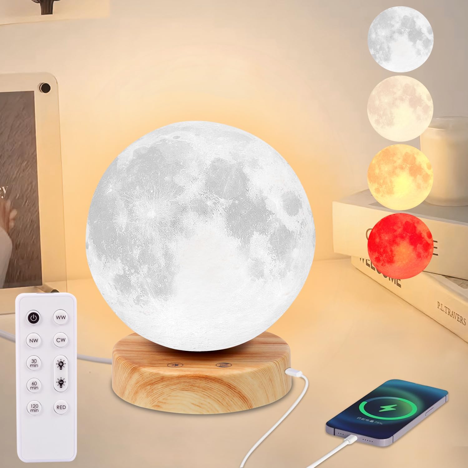 Light Therapy Lamp – 10000 Lux Full Spectrum Sun Lamp, 3 Color Temperatures & 670nm Red Light, Touch/Remote Control, Stepless Dimming, USB Phone Charging, Moon Sunlight Lamp for Home Office