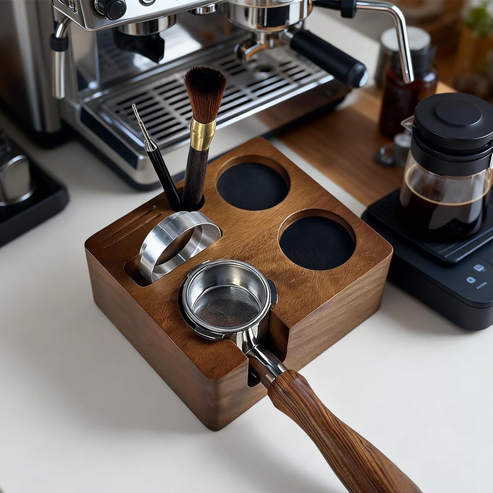 Station de tamping en noyer pour Barista - Station tamper 58 mm avec 6 compartiments de rangement, station à expresso peu encombrante en bois massif Barista - Accessoires de machine à café