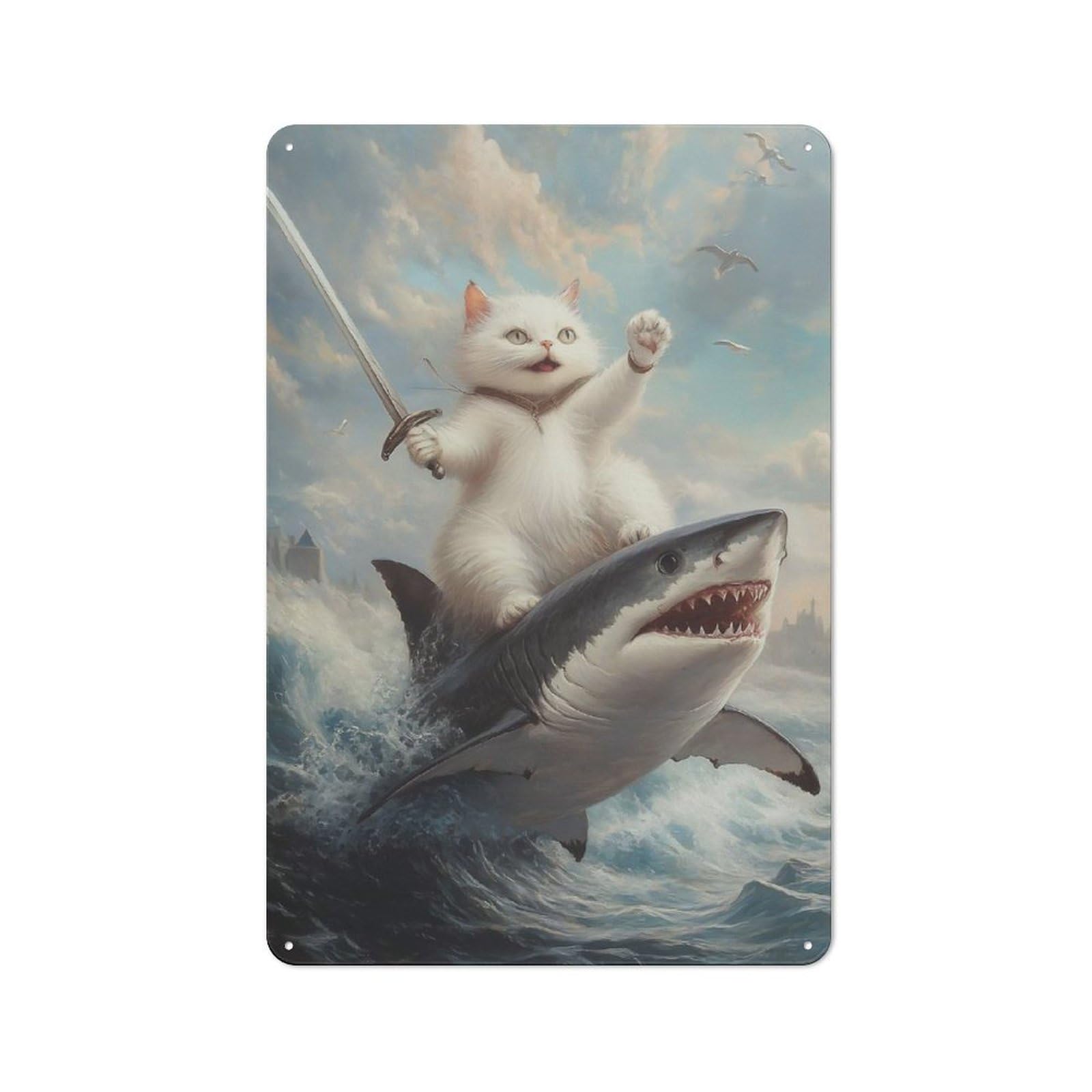 Junmoney Cat Riding Shark Tin Wall Plaque 30X20cm With For Man Cave Or Games Room, For Garage, Workshop And Man Cave Decoration