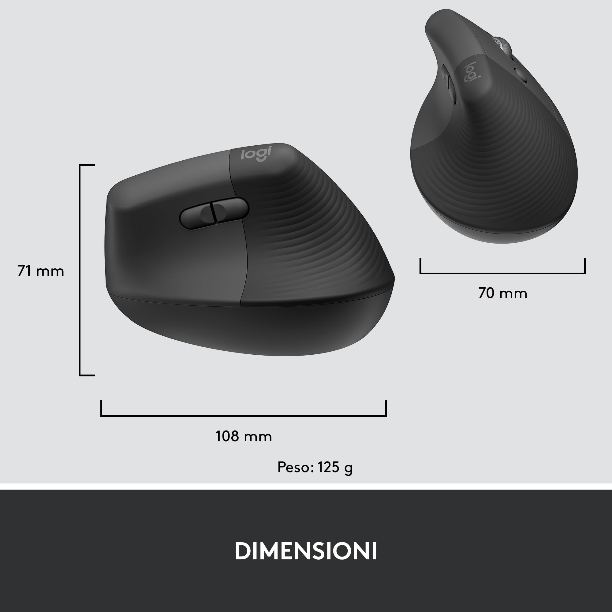 Logitech Lift For Business, Mouse Verticale Ergonomico, Wireless, Bluetooth, USB Secured Logi Bolt, Clic Silenziosi, Certificazione Globale, Windows/Mac/Chrome/Linux - Graphite