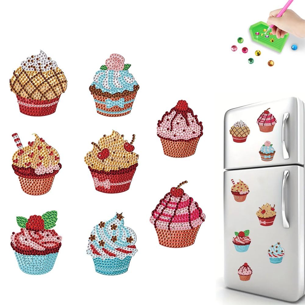 Syntego 8pcs 5D Diamond Painting Art Assorted Cute Cupcake DIY Diamond Magnet Kit for Beginners Arts and Crafts