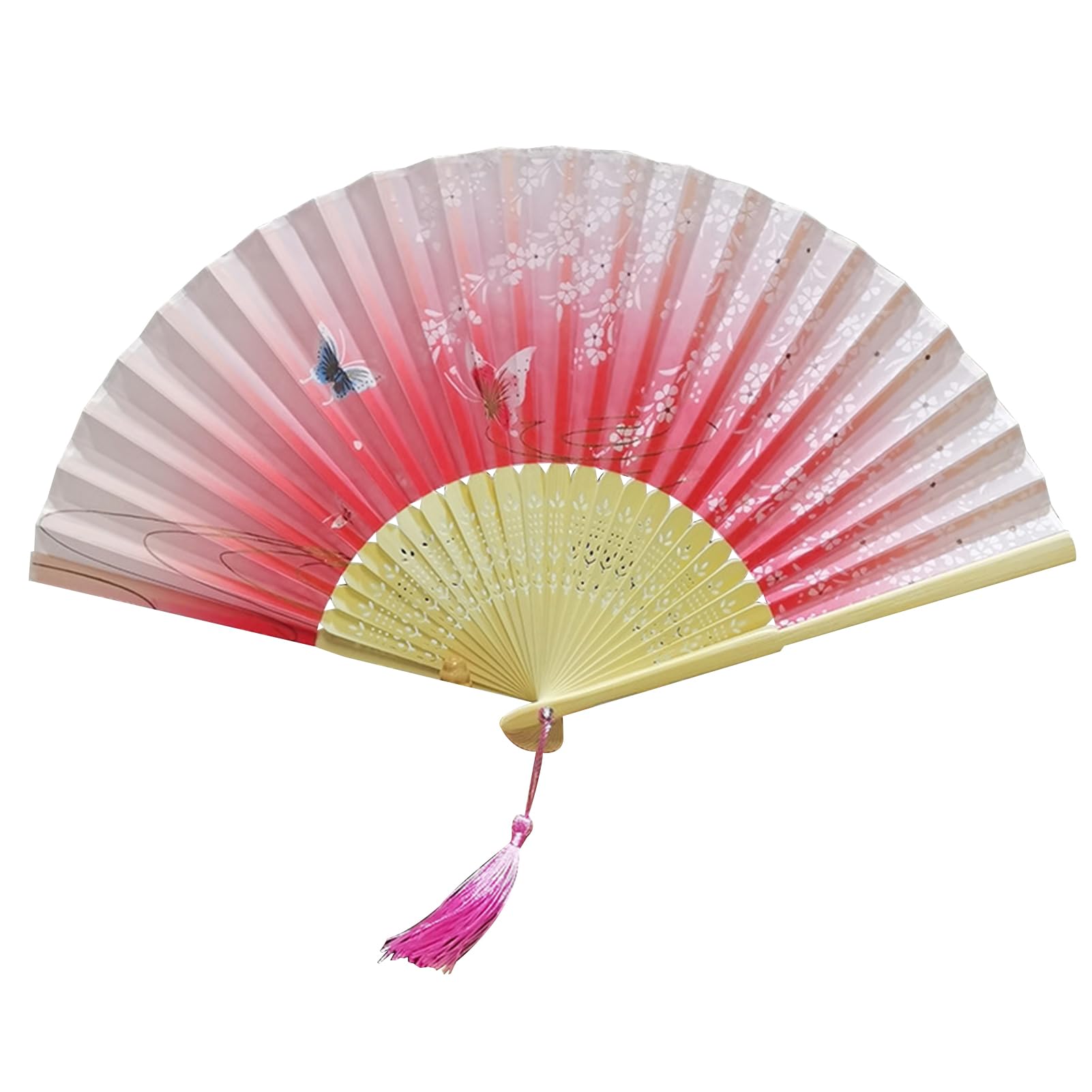 Beauenty Folding Fan, Silk Fabric Hand Fan, Handheld Tassel Folding Fan for Wedding Decoration, Wall Decoration, Party, Dancing, Gifts