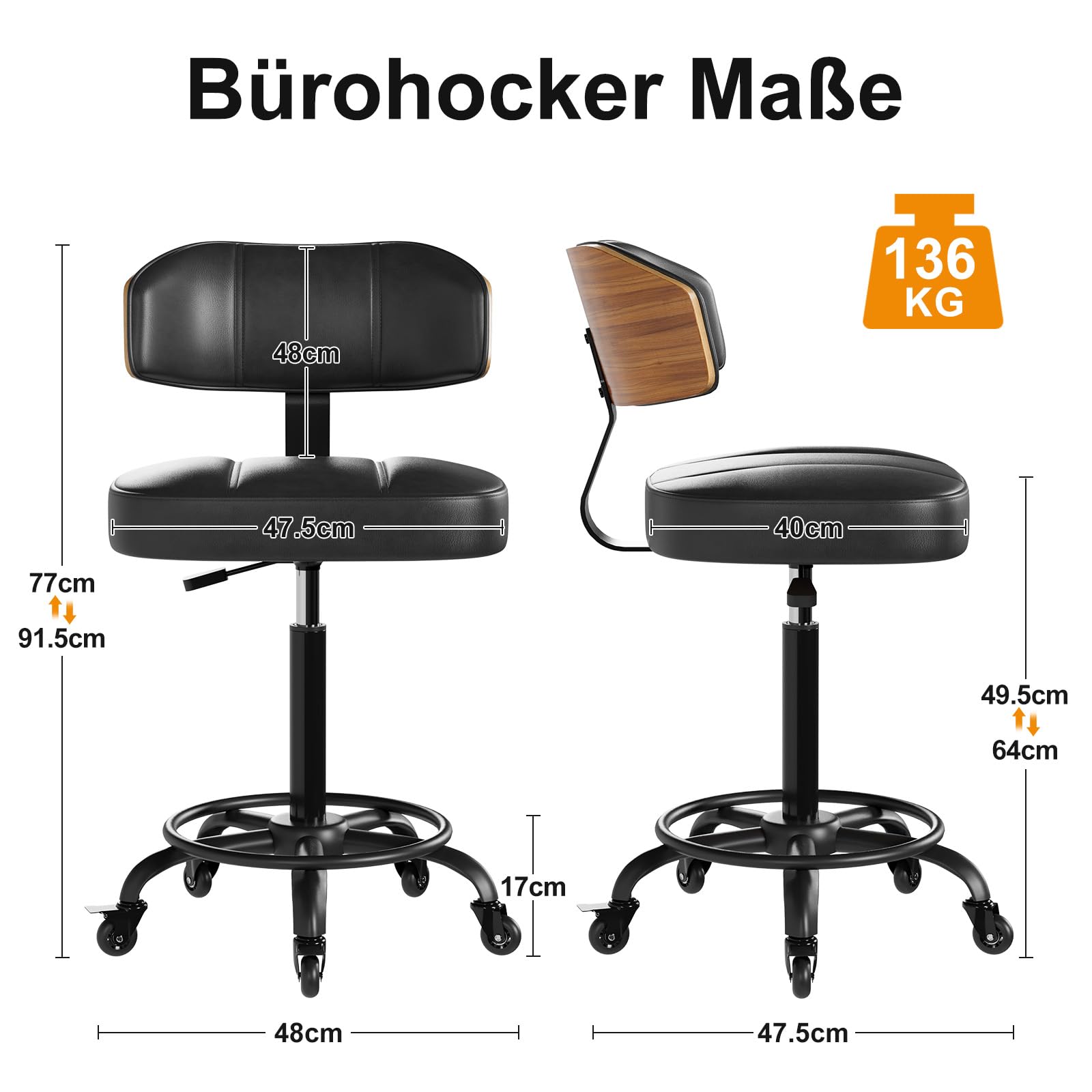 Rollhocker HöHenverstellbar, Bürohocker Ergonomisch,Arbeitshocker, Drehhocker 360°,Mit Rückenlehne Pu-Sitzpolsterung Für Spa Zeichnung Salon Arbeit Büro Bar Studio Labor Black