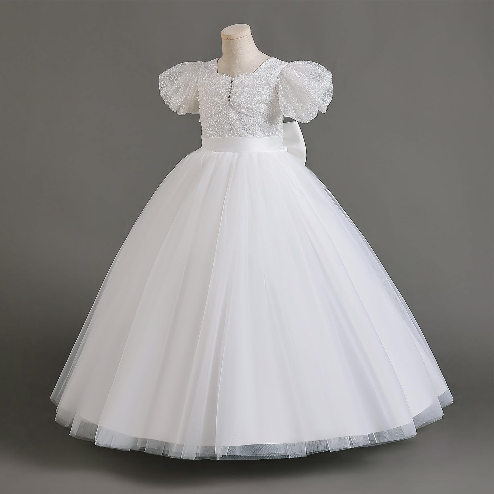 Odizli Vestidos de flores para niña, mangas puf, bowknot purpurina, lentejuelas, línea A, vestido de tul, boda, primera comunión, fiesta, largo de noche
