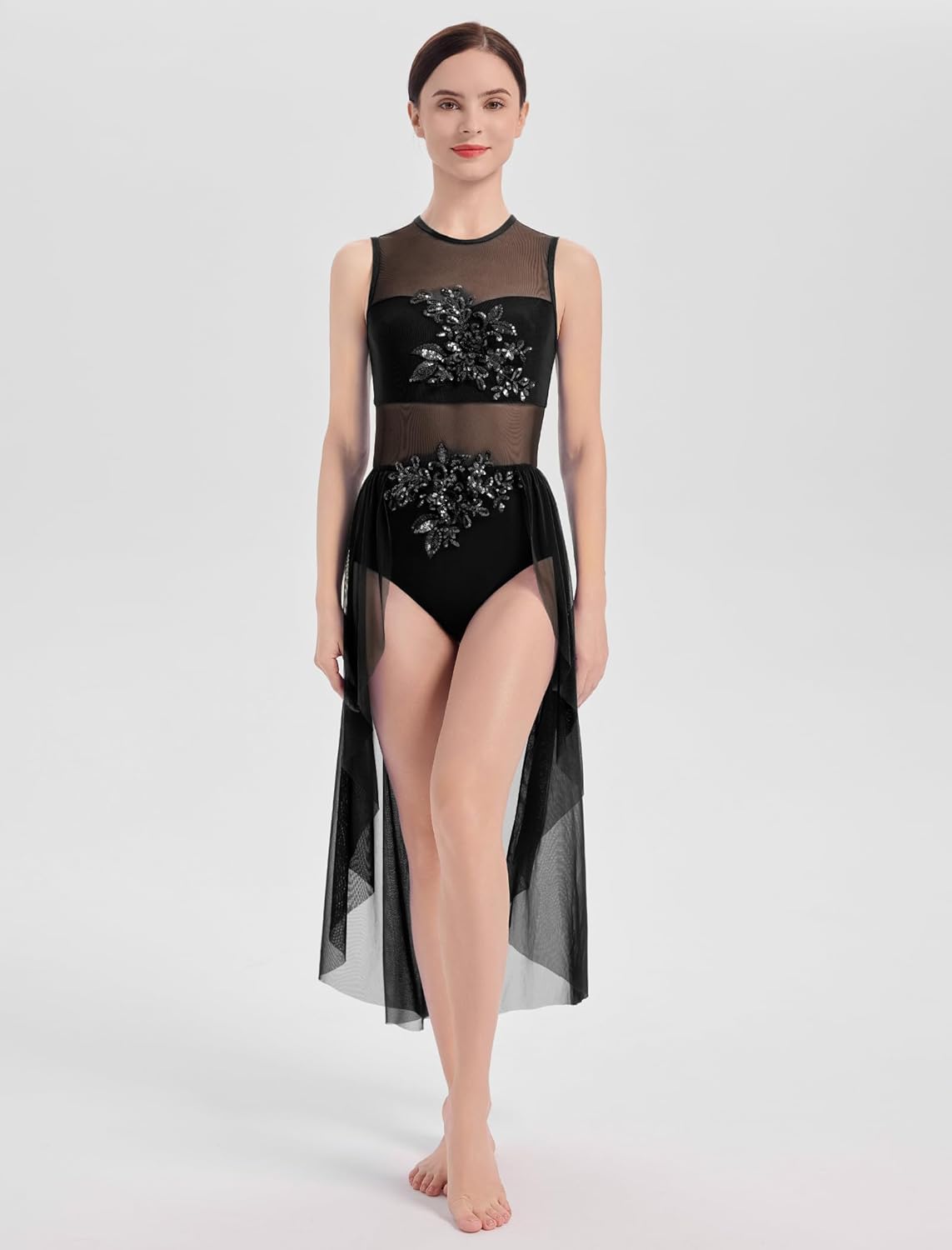 AFAVOM Sequin Flower Lyrical Dance Dress for Women Modern Contemporary Dance Costume Mesh Flowy Tulle Skirt for Performance