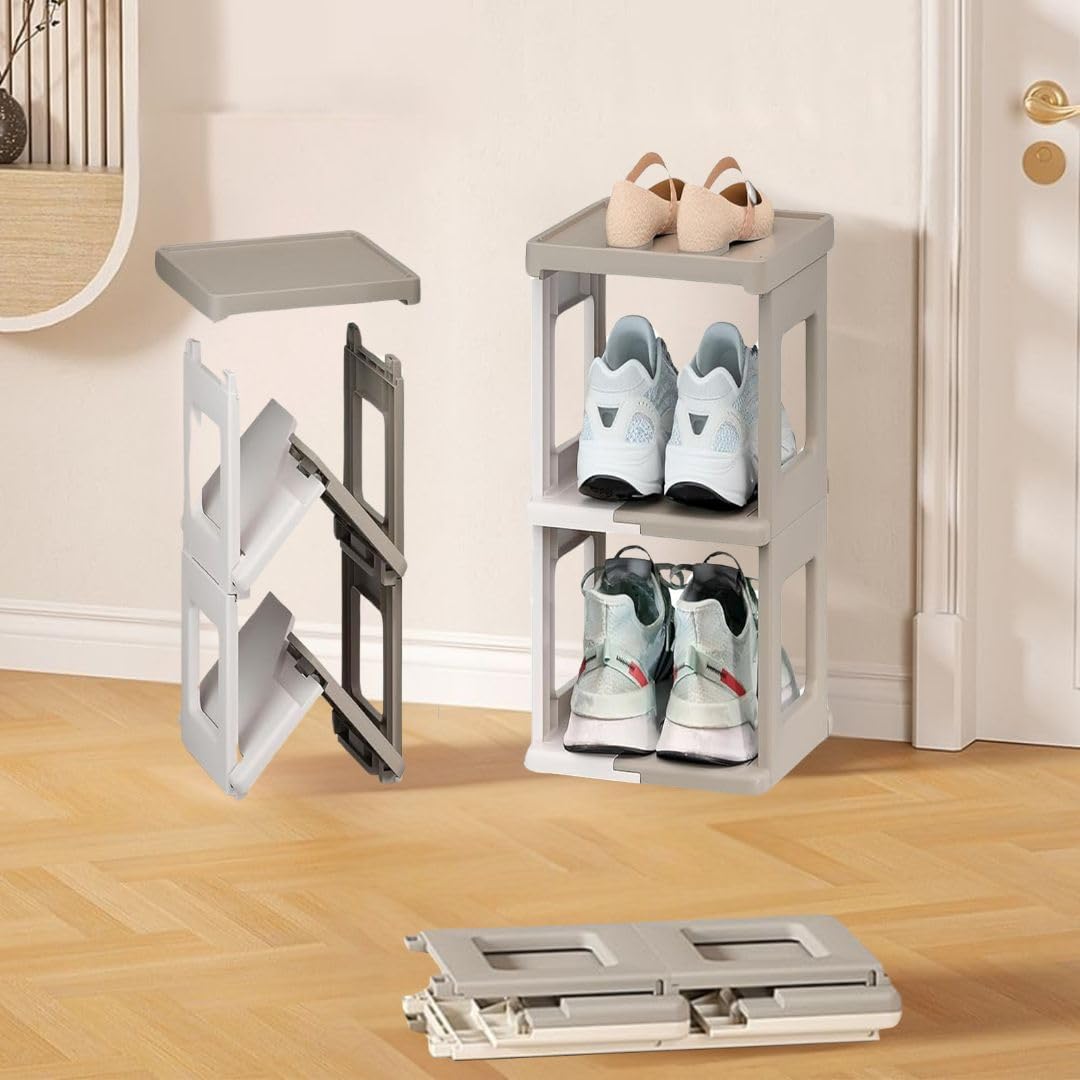 2 tier shoe rack, sturdy, collapsible and versatile almirah shoe storage organizer stand, foldable closet, stackable cabinet for boots, slipper, sneaker,living room,bathroom,bedroom-cream