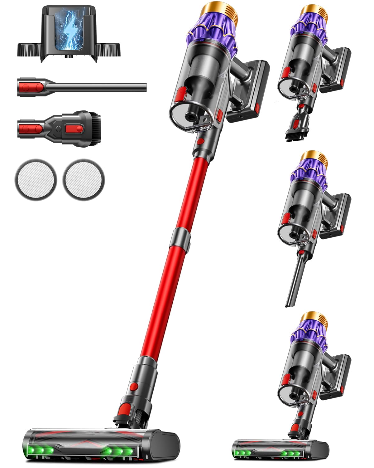 Aspiradora sin Cable 55Kpa/650W/70Mins, Escoba Aspiradora de 1.8L, Sistema de Filtración de 8 Etapas,Autoportante, Adecuada para Pelo de Mascotas, Luz Verde Alfombras y Suelos de Madera