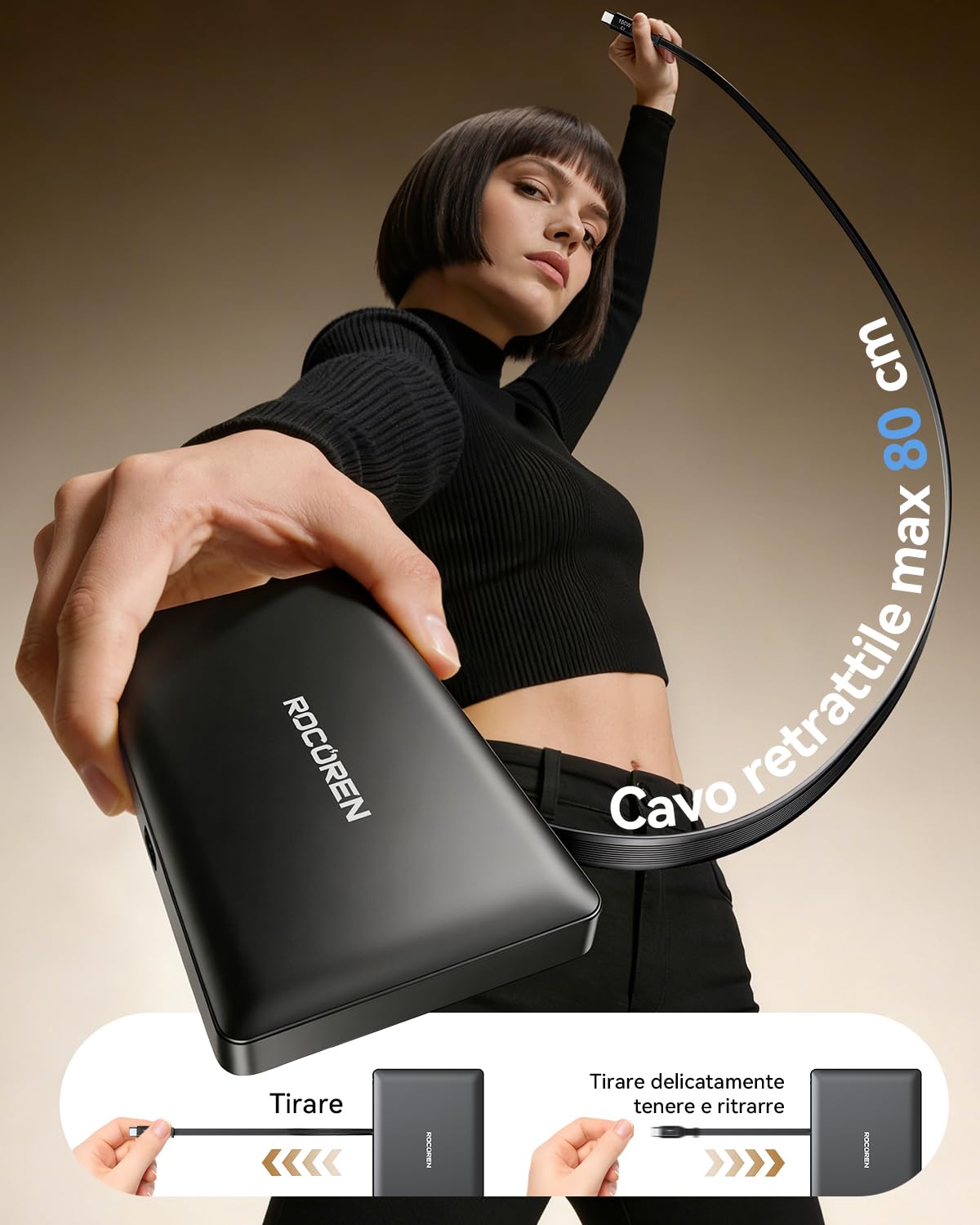 Rocoren Caricatore USB C 8 in 1 Multiplo con Cavo Retrattile, Ricarica USB GaN, più Dispositivi Compatibili con Laptop, MacBook, iPad, iPhone, Samsung e Altro Ancora