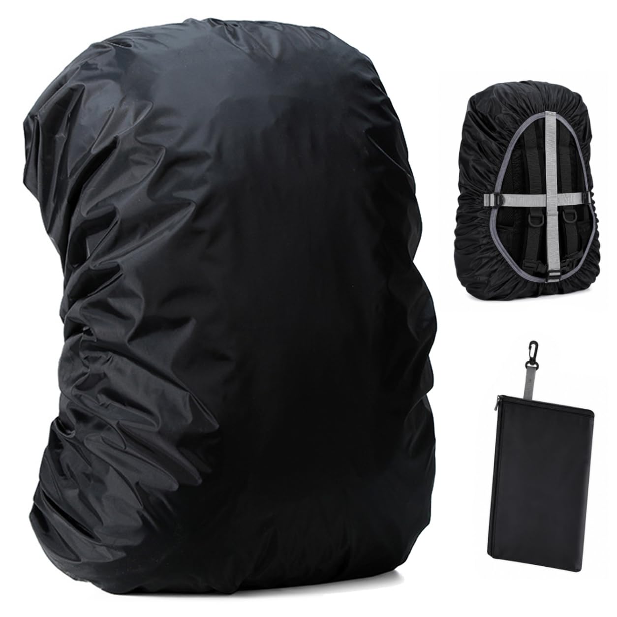 [CwrsYJ] 【高防水・遮熱】リュックカバー レインカバー 60L 210T 裏銀コーティング 軽量 防水カバー 十字ベルト付き 脱落防止 ザックカバー 登山 キャンプ 収納袋付 (ブラック，L)