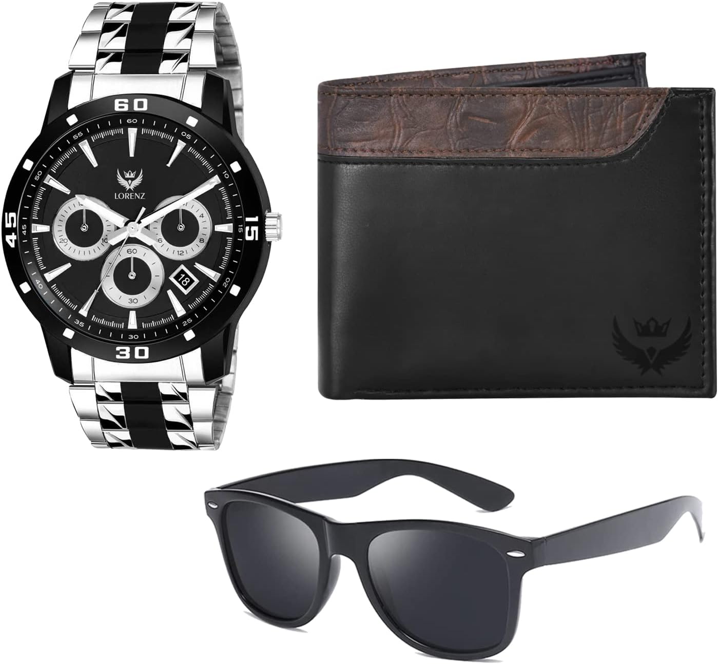 LORENZ Gift Combo Set for Men | Stylish Steel Analog Watch, PU Leather Wallet & UV Sunglasses | Gift Box for Birthday, Anniversary, Corporate Gifting