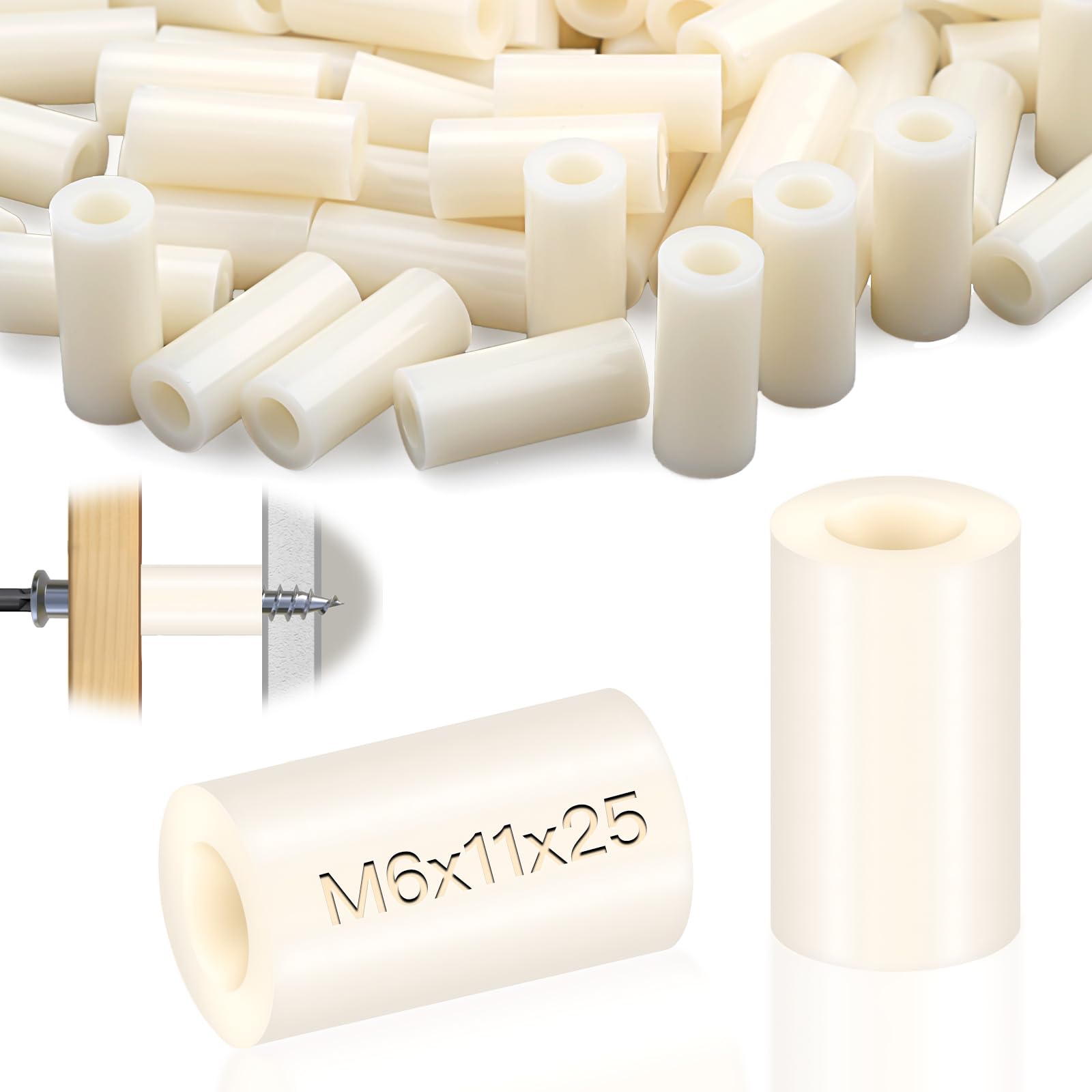 mawmuaw Plastic Spacers M6, 50 Pcs Nylon Spacers ABS Round Washers 11x25 mm Non Threaded Insulation Column Standoff Support Washer White for M6 Screws