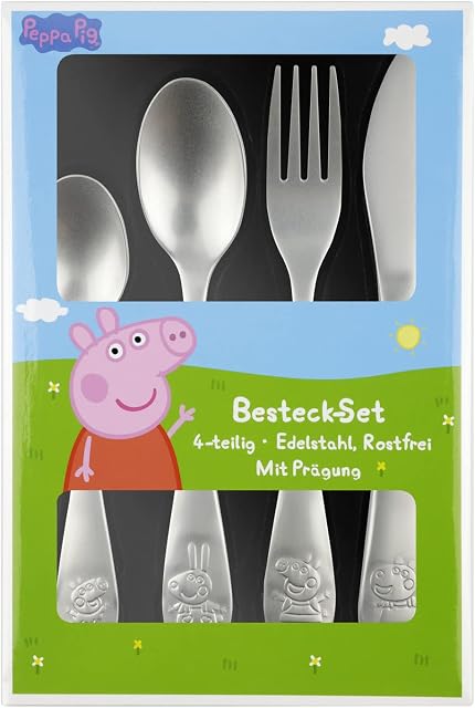 Peppa Pig Peppa Pig Zestaw sztućców dla dzieci, 4-częściowy zestaw sztućców z nożem, widelcem, łyżką do zupy i łyżką deserową, sztućce z wytłaczanej stali nierdzewnej