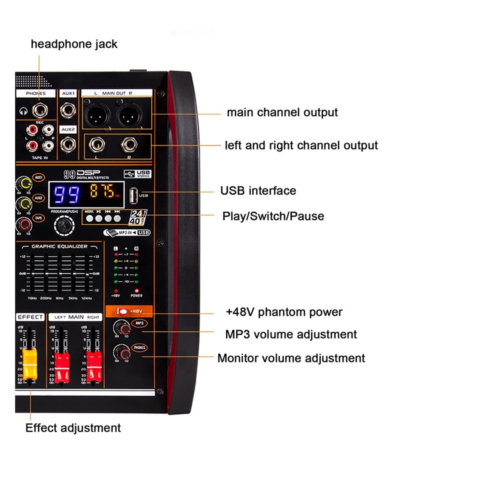 DJ-Audiomixer Professionelles 8-Kanal-Mischpult Mischpult Bluetooth-USB-Computer + 48-V-Netzteil Anzahl Live-Performance-Mischer