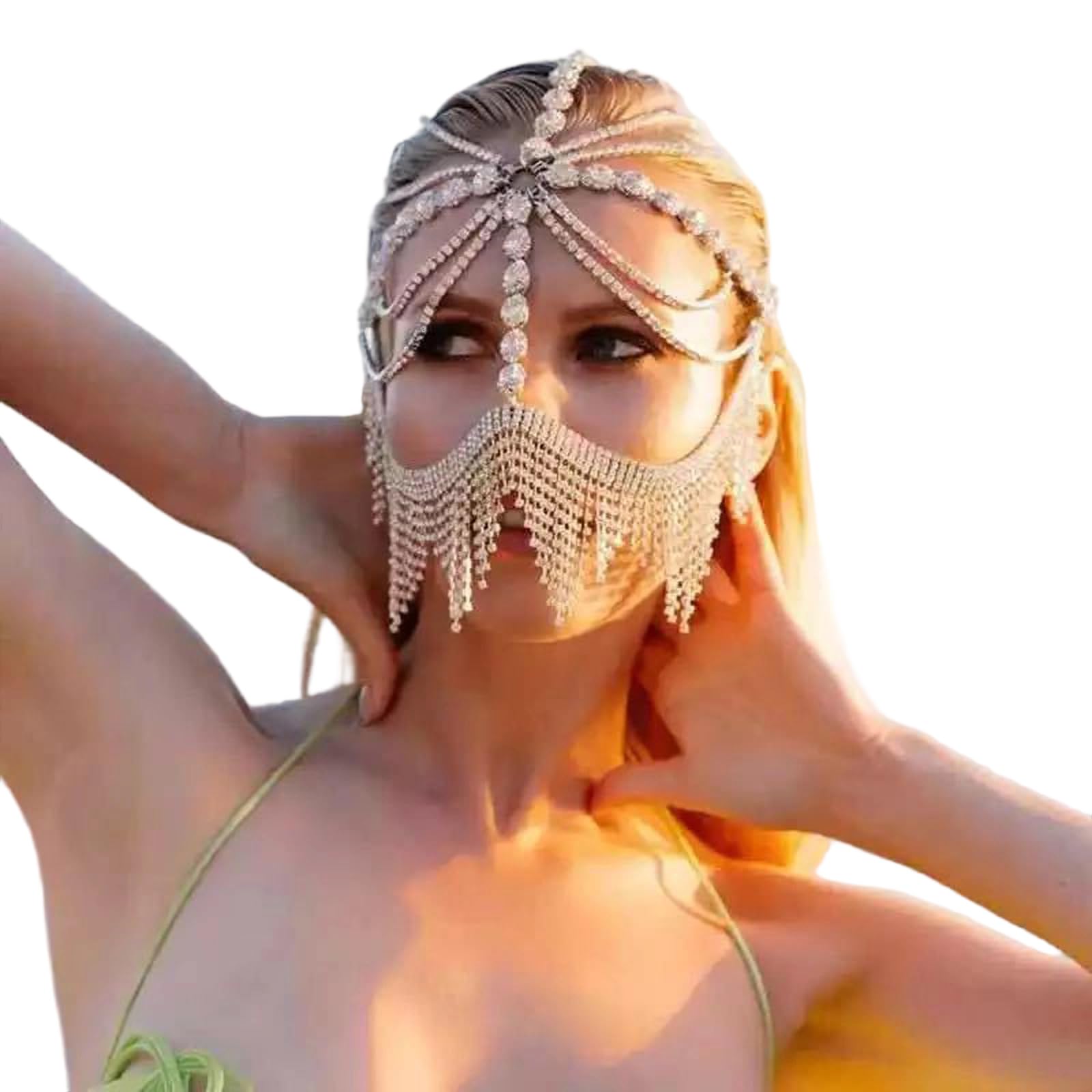 Oxxggkao Sparkling Rhinestones Chain Veil Headpiece Headwear for Women Elegant Masquerade Party Dance Costume Accessories Retro Tassels Veil Face Covering