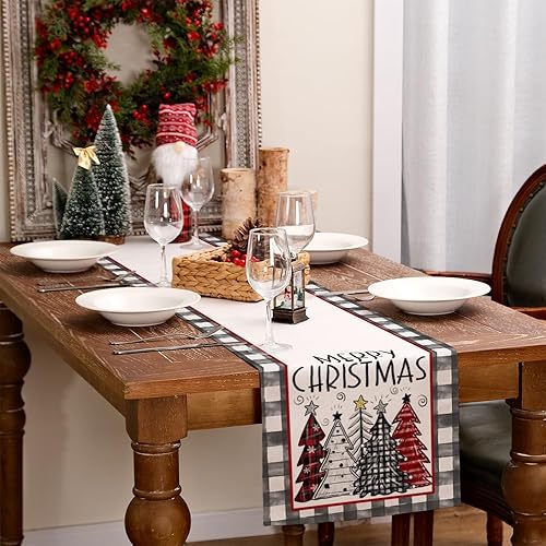Miniatura 6 de ARKENY Camino de mesa a cuadros con diseño de árbol de Navidad, 13 x 72 pulgadas, decoración de mesa roja para interiores y exteriores, para el hogar