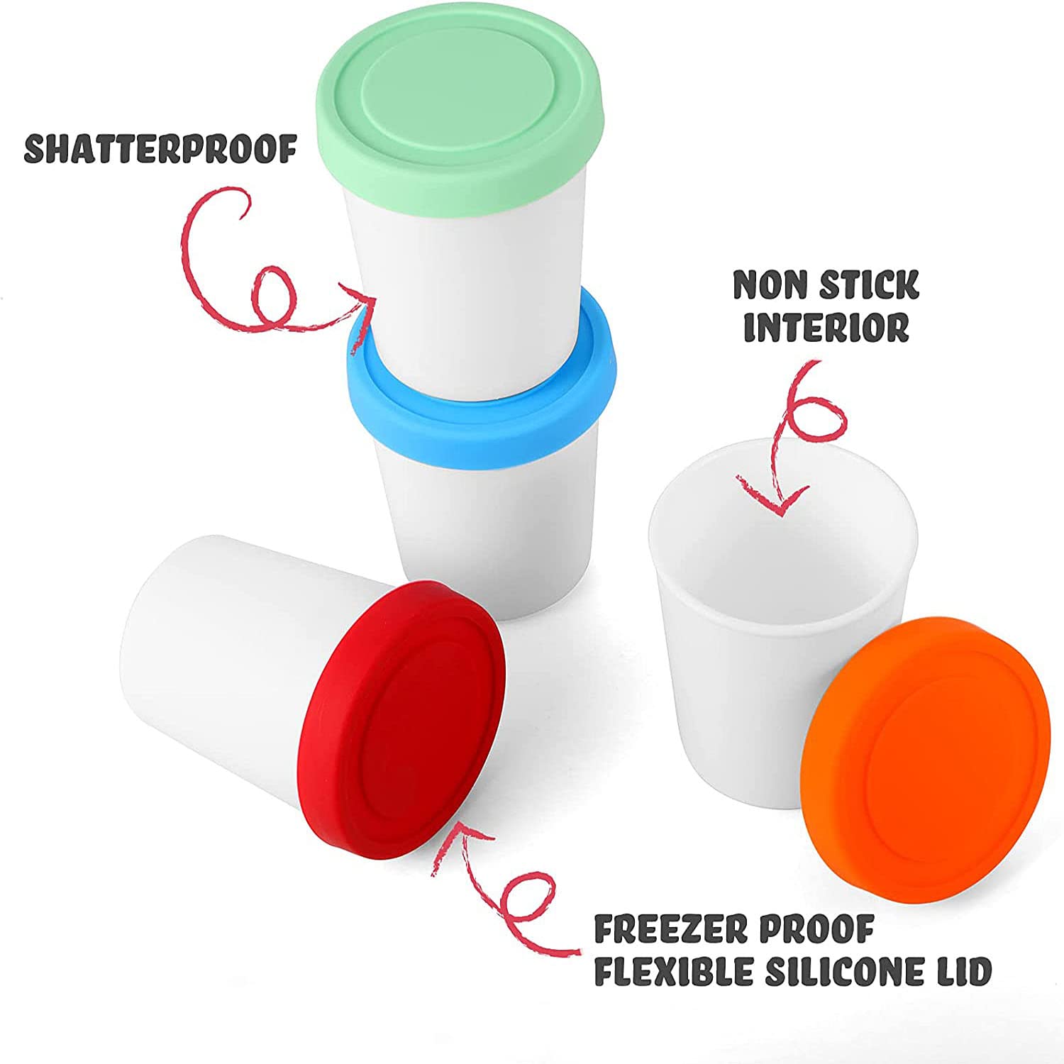 Set di 6 Coppette Gelato, 250ML Vaschetta per Gelato con Coperchi in Silicone, per la Conservazione di Gelato Fatto in Casa, Sorbetto