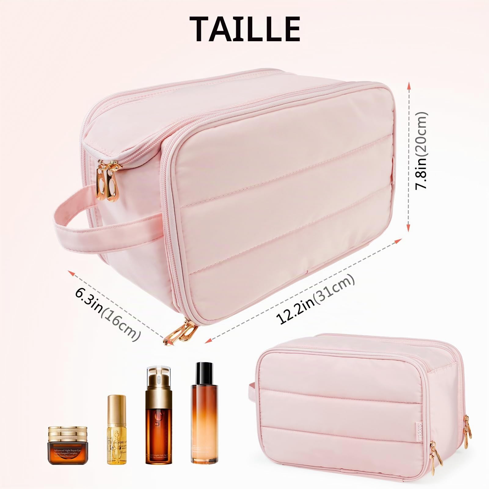 Gloppie Trousse de Toilette pour Femme Sac à Maquillage Matelassé Grand Format Sac de Rangement de Voyage, Rose