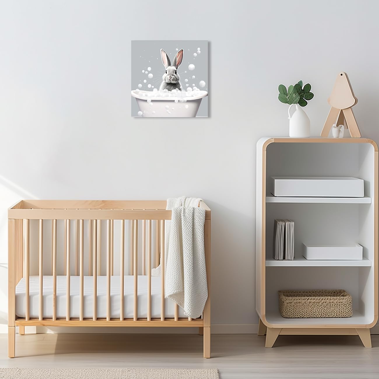 ZQQART Bathroom Animal Canvas Wall Art Cute Rabbit in Bubble Bathtub Painting Prints Rabbit Picture Artwork Funny Animal Poster Framed (Rabbit,28.00" x 28.00")
