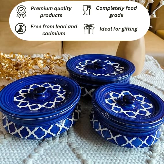 Image of Niyara Stoneware Handmade Ceramic Handpainted Multipurpose Storage Ceramic Jars & Containers with Lid Microwave Dishwasher Safe(Set of 3,) - Kitchen Storage /Serving Snacks Dish (Moroccan Blue)