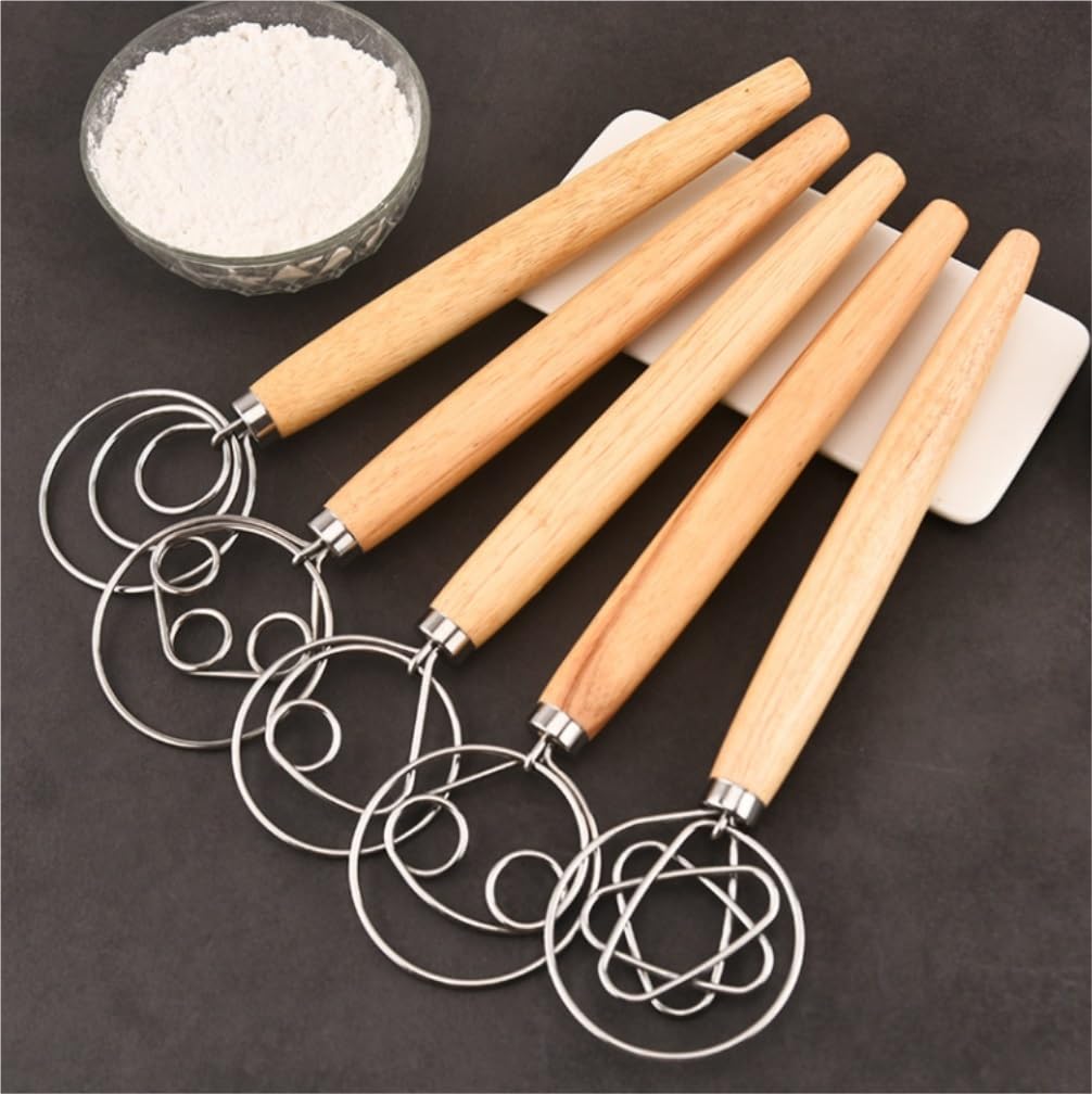Varillas de Batir para Cocinar Batidor De Masa Y Bobina De Acero Inoxidable, Batidor De Polvo con Mango De Roble, Mezclador De Harina, Palo For Mezclar Masa Huevos, Espumar, Batir